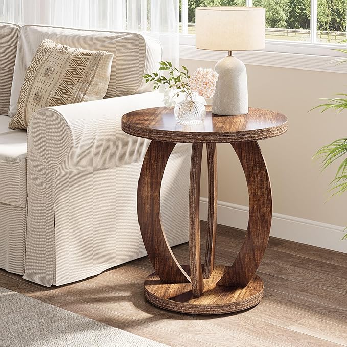 Tribesigns End Table, Round Side Table with Storage, Farmhouse Nightstand Bedside with Round Tabletop, Accent End Table for Living Room Bedroom Small Space, Wooden Accent Furniture (1, Dark Brown)
