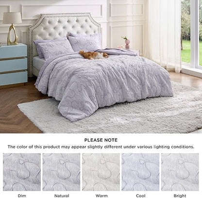 Bedsure King Size Comforter Set, Light Purple Boho Tufted Bed Set, 3D Puffy Jacquard Bedding King Size, 3 Pieces, 1 Farmhouse Shabby Chic Embroidery Comforter with Bow Pattern & 2 Pillow Cases