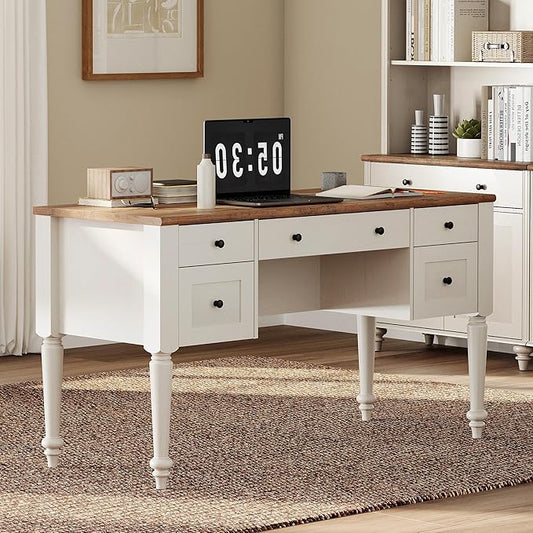 WAMAPT Farmhouse Executive Desk with 5 Drawers, Home Office Desk with Charging Station, Wood Computer Desk with File Cabinet Storage, Door, Open Shelf for Work and Study, White, 55 inch
