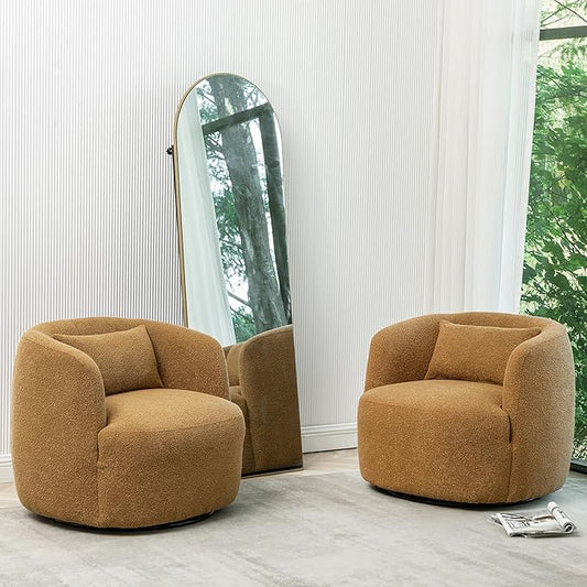 KINWELL 34" Wide Boucle Swivel Barrel Chairs Set of 2, No Assembly Round Upholstered Armchairs Accent Chairs Single Sofa Chair with Toss Pillow for Living Room and Bedroom, Brown