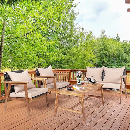 COSTWAY 4 Pieces Acacia Wood Patio Conversation Set, Outdoor Wicker Sofa with Coffee Table & Cushions, Patio Rattan Furniture Set for Yard, Porch, Poolside, Balcony, Backyard, Beige