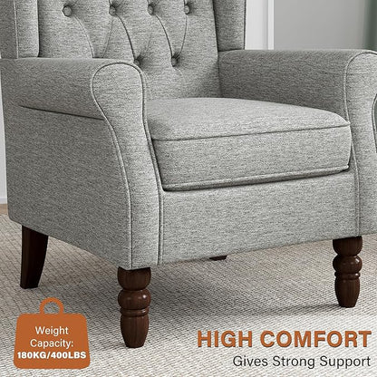 High Back Accent Chair, High Wingback Chair for Living Room, Button-Tufted Upholstered Fabric Armchair with Solid Wood Legs, Comfy Single Sofa Reading Chair for Bedroom, Light Gray
