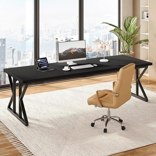 LITTLE TREE 78.7 Inch Large Executive Desk, Extra Long Computer Office Desk Workstation, Modern Simple Style Laptop Table, Sturdy Wooden Writing Workstation for Home Black
