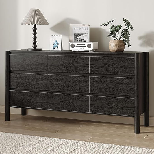 Dresser for Bedroom with 9 Drawers,63" Wide Black Dresser with 4 Solid Wood Legs, Wooden TV Stand,Closet Clothes Organizer for Bedroom, Hallway