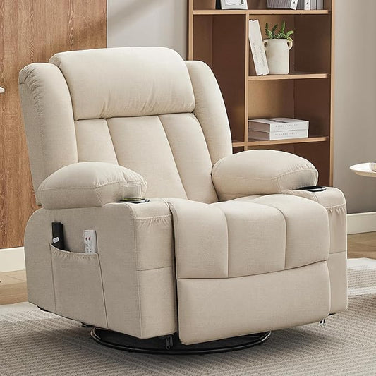 Power Swivel Rocker Recliner Chair with Heat and Massage, USB and Type-C Charging Port, Electric Glider Rocking Chairs, Oversized Recliner Chairs for Adults(Fabric, Beige)