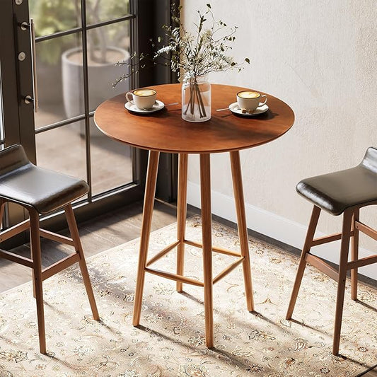 LITTLE TREE Solid Wood Bar Table, 39.37-Inch Round Bistro Table with Sturdy Frame, for Living Room, Dining Room, Small Space (Rustic Walnut)