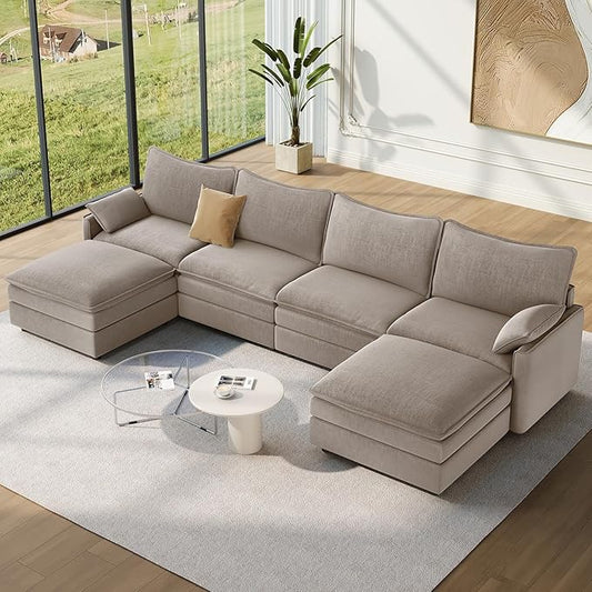 Vesgantti 142" U Shaped Sectional Couch, Comfy Cloud Modular Sectional Sofa with 2 Ottoman Deep Seat Chenille Modern Cloud Sofa, Modular Sofas for Living Room, Bedroom and Apartment, Light Brown
