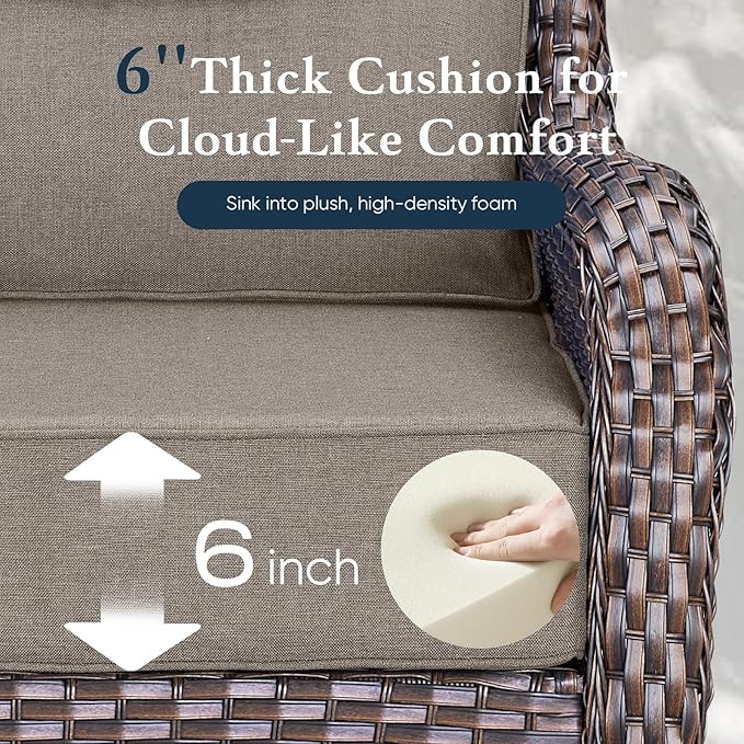 Belord Luxury 6" Thick Cushioned Outdoor Swivel Rocker Patio Chairs Set of 4 with Side Table, High Back Wicker Furniture Set with Ergonomic Zone Back, Conversation Set for Deck Porch - Brown+Grey