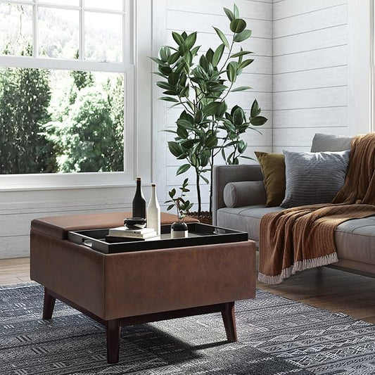 SIMPLIHOME Owen 34 inch Wide Mid Century Modern Rectangle Coffee Table Storage Ottoman Distressed Chestnut Brown/Flip Over Tray top