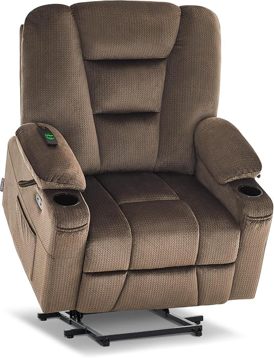 MCombo Oversized Power Lift Recliner Chair Sofa with Massage and Heat for Elderly People Petite, USB Ports, Side Pockets, Fabric R7561 (Brown, Small-Oversize)