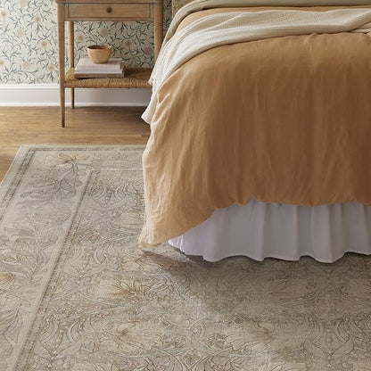 RUGGABLE x Morris & Co Washable Area Rug – Pimpernel Vintage Stone 9x12, Stain-Resistant, Non-Slip – Large Machine Washable Rugs for Living Room, Bedroom, Hallway, Entryway & Office–with Standard Pad