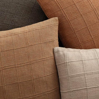 Foindtower Set of 2 Decorative Linen Check Throw Pillow Covers Neutral Farmhouse Vintage Cushion Covers Modern Boho Home Decor for Sofa Chair Couch Bedroom Living Room,24×24 Inch,Brick