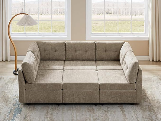 VANOMi 6 Seat Cloud Modular Sofa, 118" Convertible Sectional Cloud Sofas & Couches for Living Room, Comfy Chenille Sectional Couches for Living Room, Apartment, Office, Camel, Sofa Bed
