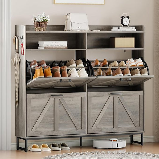 Shoe Cabinet Storage for Entryway, Shoe Storage Cabinet with 4 Flip Drawers, Freestanding Narrow Shoe Rack Organizer with Metal Legs, Adjustable Shelves & Open Storage for Foyer, Hallway, Grey