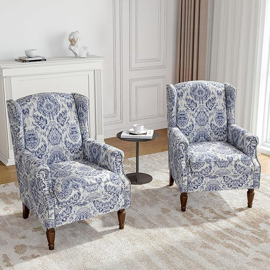 Wingback Accent Chairs Set of 2, High Back Upholstered Armchair, Printed Fabric Wingback Arms Chairs with Wood Legs, Single Sofa Reading Chair for Bedroom Living Room, Navy