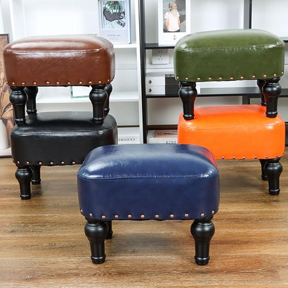 Ottoman Leather Foot Rest with Thicker Foam Padded Seat, Footstool with Wooden Legs (Blue)