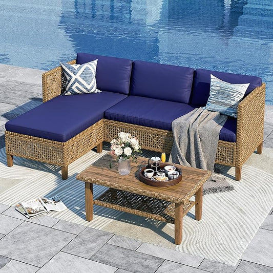 Sophia and William Boho Wicker Patio Furniture Set, Outdoor Rattan Sectional Sets Conversation Set - Weather-Resistant, with Dual Storage Coffee Table Acacia Wood Legs for Garden, Patio & Deck(Blue)