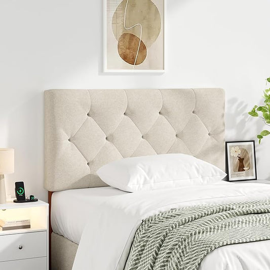 Upholstered Twin Headboard, Twin Headboard Only for Bed Frame from 27”-41”, Adjustable Height Twin XL Headboard with Durable Solid Wood Legs, Fabric Bed Headboard in Modern Button Design, Beige