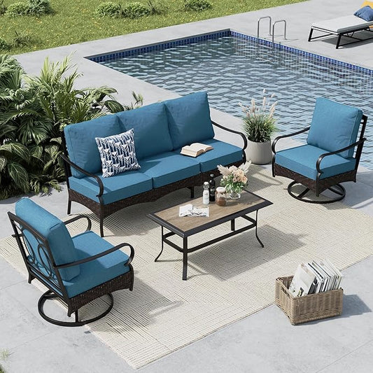 MFSTUDIO 4 Pieces Outdoor Patio Furniture Set, Metal Outdoor Conversation Set, Rattan Wicker Patio Sectional with 2 x Swivel Single Sofa, 3-Seat Sofa, 1 x Coffee Table, Navy Blue