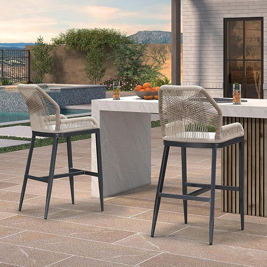 PURPLE LEAF 4 Pieces Bar Stools Patio Modern Rattan Barstools Aluminum Woven Tall Bar Chairs with Cushions for Outdoor Kitchen Island Garden
