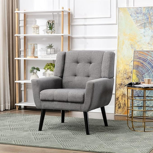 Dolonm Midcentury Modern Accent Chair with Arms, Upholstered Fabric Reading Side Chair Tufted Back Decorative Wingback Chair for Living Room Bedroom (Light Grey)