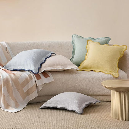 Double Stitch Scalloped Throw Pillow Covers - 100% Cotton Set of 2 Decorative Boho Pillow Covers 20 x 20, Made in India, Square Cushion Case, Modern Home Decor for Couch Sofa Living Room, Winter Sky