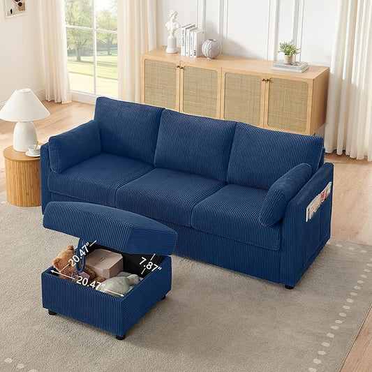 79" Small Couches with Storage Ottoman 3 Seat L Shaped Couch Sectional Sofa with Chaise Lounge for Apartment,Dorm,Bonus Room,Compact Spaces. (Blue, 3+OTT)
