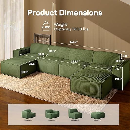 Marsail Modular Sectional Sofa, 142" U-Shaped Modular Sectional Couch with Deep Seat, Freely Combinable Sectional Clound Sofa for Living Room, No Assembly, Plush Corduroy Fabric, Green