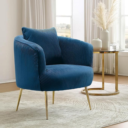 Art Leon Velvet Accent Chair, Upholstered Modern Single Sofa Chair, Comfy Barrel Chair with Golden Metal Legs for Living Room Bedroom, Blue