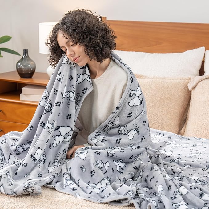 Berkshire Blanket Peanuts® VelvetLoft® Cute Character Snoopy Plush Blanket,Peanuts Poses and Paws Grey,Twin 60 in x 90 in (Official Peanuts® Product)