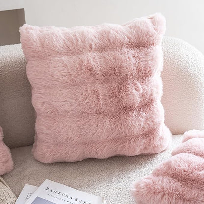 Neelvin Pink Faux Fur Cozy Soft Double-Sided Decorative Throw Pillow Covers 18x18 inch Set of 2,Velvet Pillowcase Cushion Case for Sofa Couch