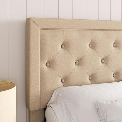 Allewie Full Size Button Tufted/Fabric Upholstered Bed Frame with Adjustable Headboard/Wood Slat Support/Mattress Foundation/Beige