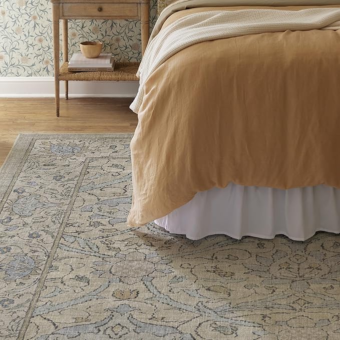 RUGGABLE x Morris & Co Washable Area Rug – Montreal Natural Blue 9x12, Stain-Resistant, Non-Slip – Large Machine Washable Rugs for Living Room, Bedroom, Hallway, Entryway & Office–with Standard Pad
