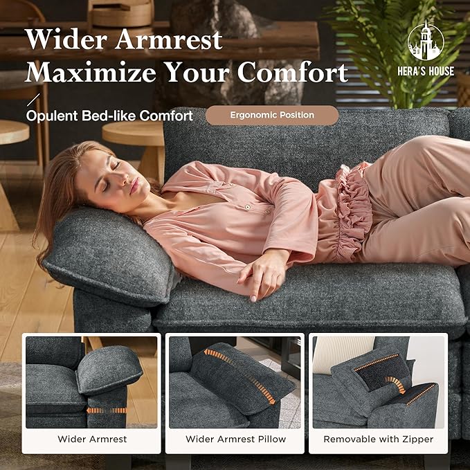 HERA'S HOUSE 158" Modular Sectional Sofa, Oversized U Shaped Couches for Living Room, Comfy Cloud Couch with Ottoman, 6-Seater Deep Seat Sofa with Throw Pillow, Chenille Blue