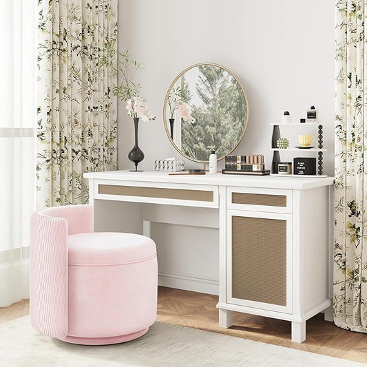 360° Swivel Accent Chair with Storage, Vanity Stool with Back, Velvet Storage Ottoman, Upholstered Round Barrel Vanity Chair for Living Room, Makeup Room, Bedroom (Pink)
