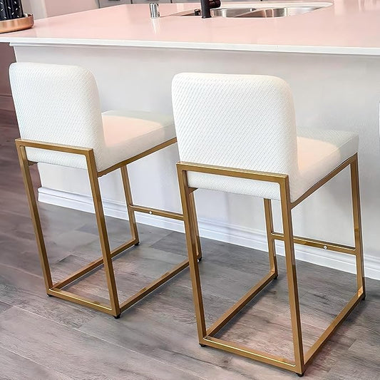 ALPHA HOME 24 Inch Bar Stools Set of 2, Kitchen Counter Stools with Backs, PU Leather Barstools, White Bar Stools with Upholstered Footrest, Sturdy Chromed Metal Steel Frame, Off-White