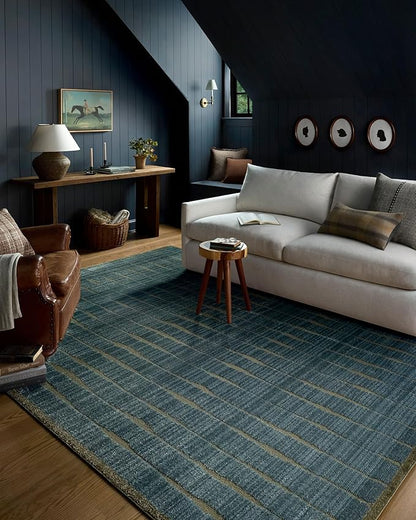 Loloi Chris Loves Julia Calvin Collection CLV-02 Ocean/Olive 7'-10" x 7'-10" Round Area Rug Checkered Neutral Soft Living Room Bedroom Carpet