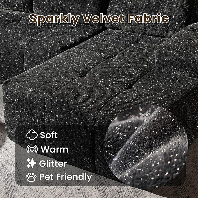 114" Glitter Cloud Sectional Couch with L-Shape Chaise, Modern Boneless Couches for Living Room, Fluffy Tufted Deep Seat Modular Sofa in a Box No Assembly
