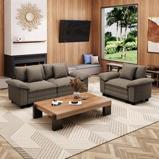 L-Shaped Cloud Modular Sofa Set, Deep Seat 2-Piece 3-Seater Sectional Couch & Removable Arms, Plush Chenille for Living Room - Smoky Gray