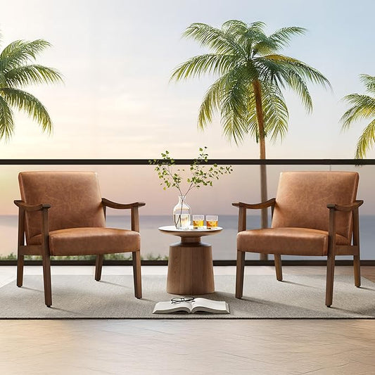 Yaheetech PU Leather Accent Chair, Mid-Century Modern Armchair with Solid Wood Legs, Reading Leisure Chair with High Back for Living Room Bedroom Waiting Room, Set of 2, Brown