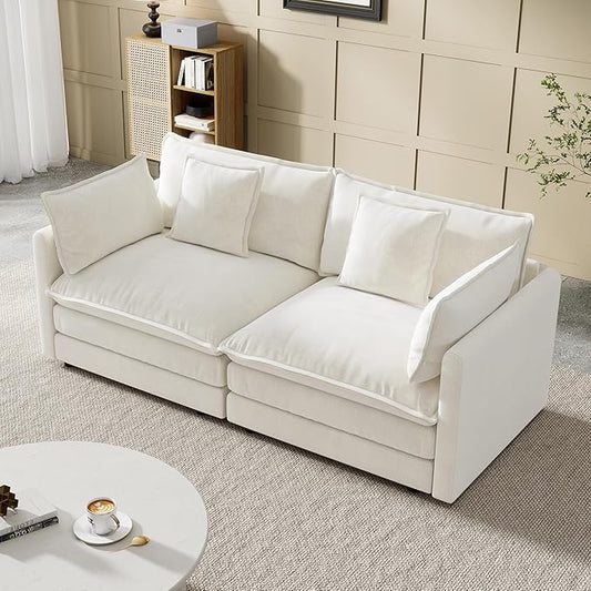 Modular Sectional Sofa, 76.7 Inch I-Shaped Cloud Sofa with Deep Seat Comfortable Chenille Sofa with Cushion Double Sectional Sofa for Living Room Apartment, White