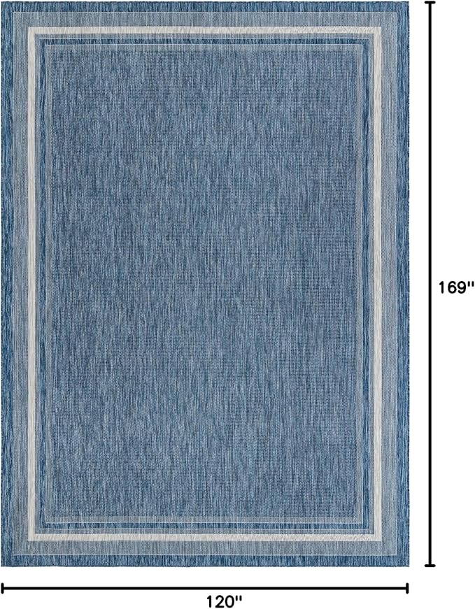 Unique Loom Outdoor Border Collection Area Rug - Soft Border (10' x 14' 1" Rectangle, Blue/ Ivory)