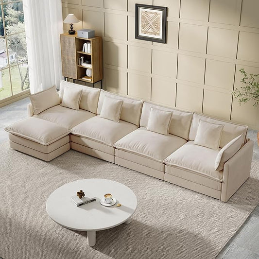 Modular Sectional Sofa, 146.5 Inch L-Shaped Cloud Sofa with Deep Seat Chenille Sofa with Cushions, Four Seater Sectional Sofa for Living Room Apartment,Light Coffee