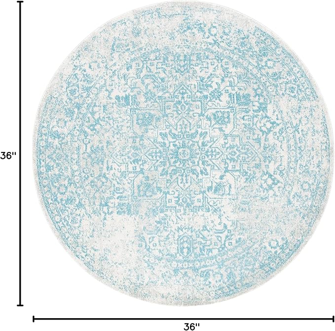 SAFAVIEH Evoke Collection Area Rug - 3' Round, Ivory & Aqua, Distressed Design, Non-Shedding & Easy to Clean, Ideal for Foyer, Bedroom, Accent Space (EVK256J)