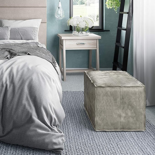 SIMPLIHOME Brody 18-inch Wide Square Pouf in Distressed Grey Vegan Faux Leather, Boho-Style Ottoman, Footstool or Extra Seating for Living Room, Assembled