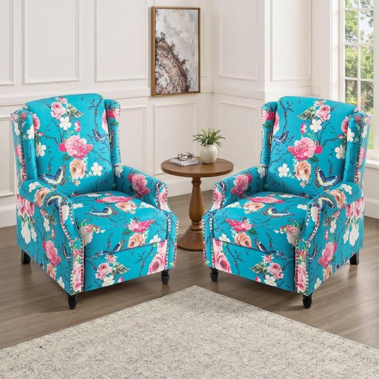 UIXE Pushback Floral Recliner Chairs Set of 2, Fabric Upholstered Armchair Push Back Accent Chair for Living Room, Rivet Trim Club Chair Single Sofa Bedroom Side Reading Seat - Peacock Blue