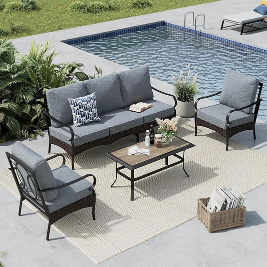 MFSTUDIO 4 Pieces Outdoor Patio Furniture Set, Metal Outdoor Conversation Set, Rattan Wicker Patio Sectional Sofa Set with 2 x Fixed Single Sofa, 3-Seat Sofa, 1 x Coffee Table, Grey