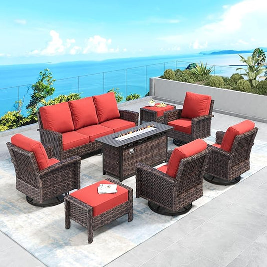 Patio Furniture Set with Swivel Chairs, High Back Wicker Rattan Furniture with 5.5" Thick Cushions, Fire Pit Table and Ottomans, All Weather Outdoor Conversation Set for Backyard Deck,9 Seats, Red