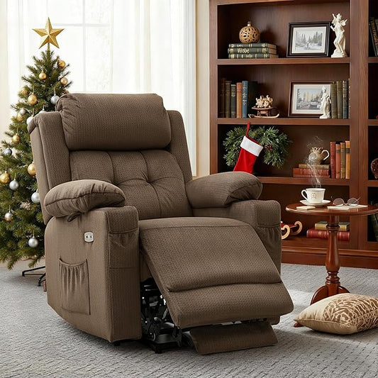 MCombo Medium Triple Motor Power Lift Recliner Chair with Massage and Heat for Elderly People, Adjustable Headrest, Infinite Position, USB Ports, Fabric 7661 (Brown, Medium)