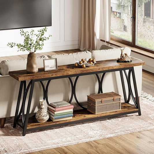 Tribesigns 2 Tiers Narrow Entryway Console Table, 71-Inch Long Industrial Wooden Sofa Table Behing The Couch with Storage Shelf and Metal Frame for Lving Room, Entrane, Hallway, Brown & Black